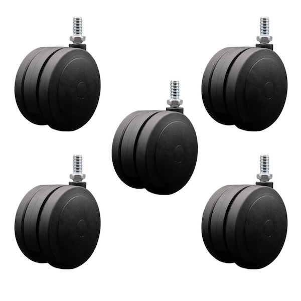 4'' Black Heavy Duty Floor Safe Twin Wheel Caster 1/2'' Threaded Stem, 5PK